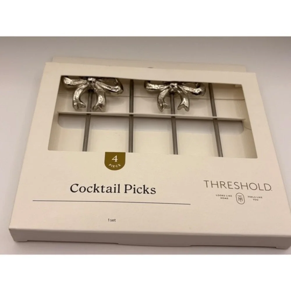 Threshold 4pc Bow Cocktail Picks Silver Metal Appetizer Garnish Set NEW
